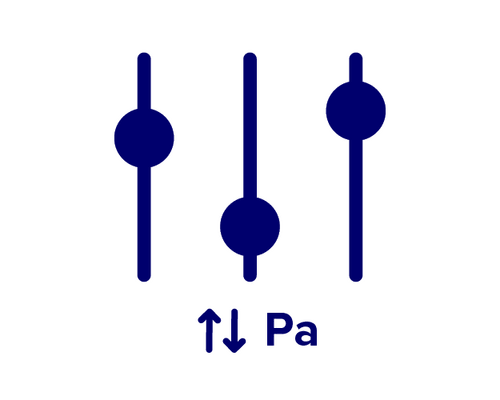 Three vertical slider controls with circular knobs; below them an up/down arrows symbol and a Pa label indicating adjustable pressure.