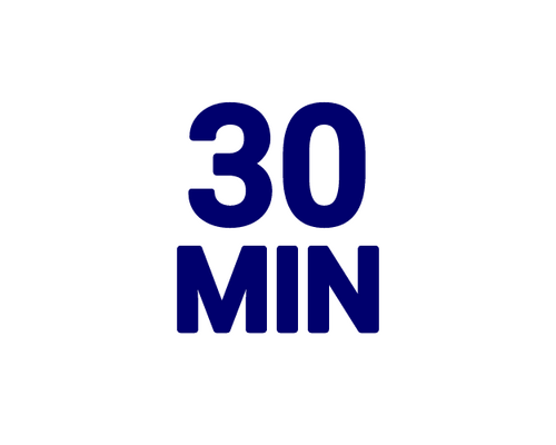 Bold blue text reading '30 MIN' on a white background, indicating a 30-minute timer/or countdown label.