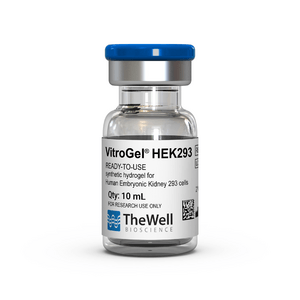 Vial labeled VitroGel HEK293 with a blue cap, ready-to-use hydrogel for HEK293 cell culture