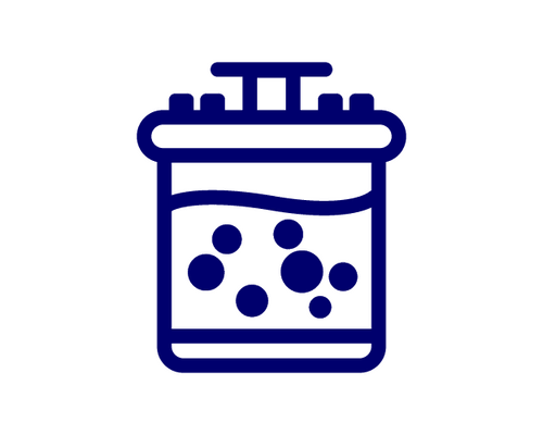 Blue outline icon of a medicine bottle with pills inside.