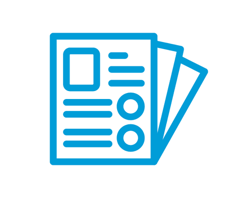 Blue icon of stacked papers representing documents or reports