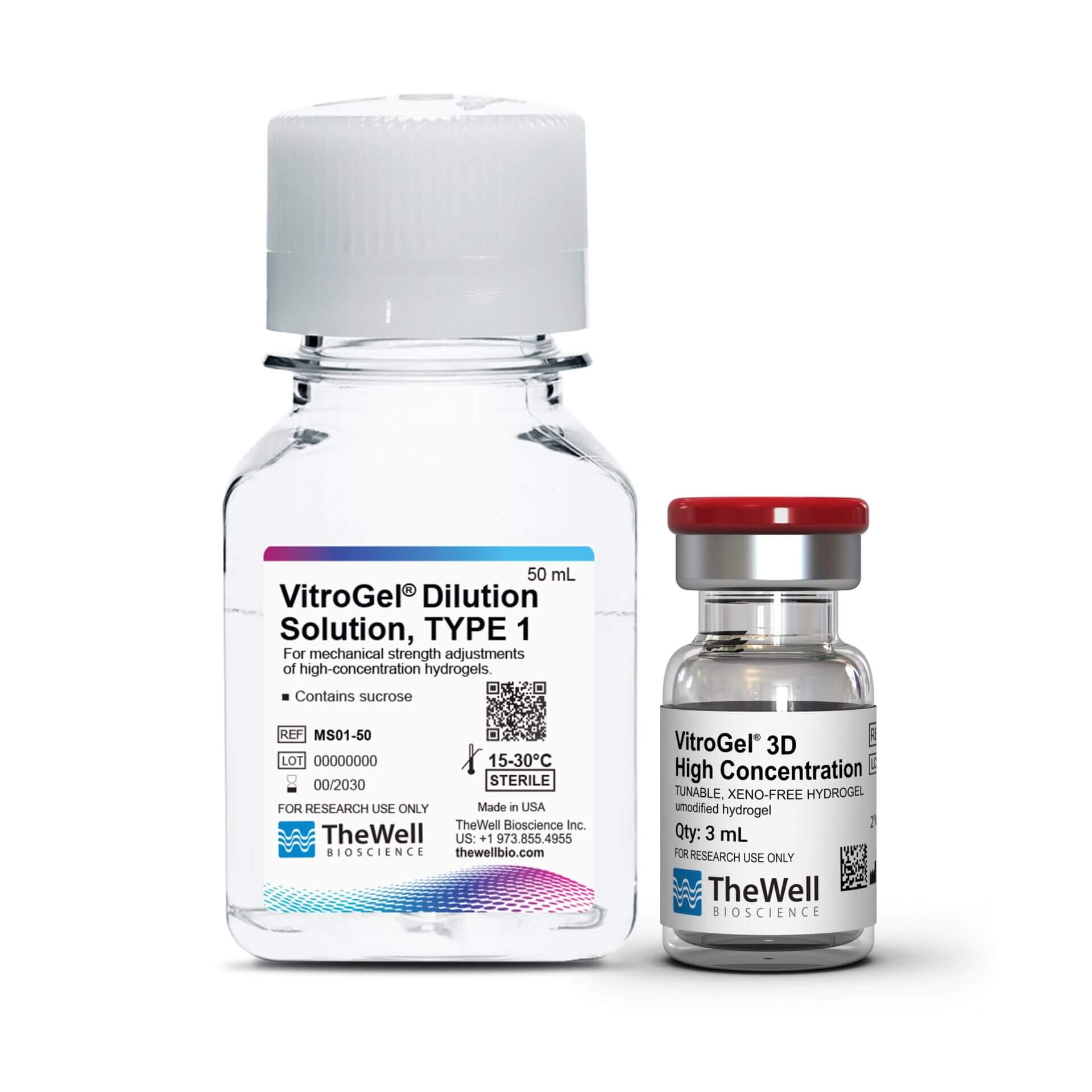Two lab reagent bottles: VitroGel dilution solution and VitroGel 3D high concentration, white caps, on a white background.