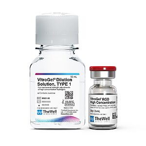 Two lab bottles on a white background: a large clear bottle labeled VitroGel Dilution Solution Type 1, and a smaller bottle labeled VitroGel RGD High Concentration with a red cap.