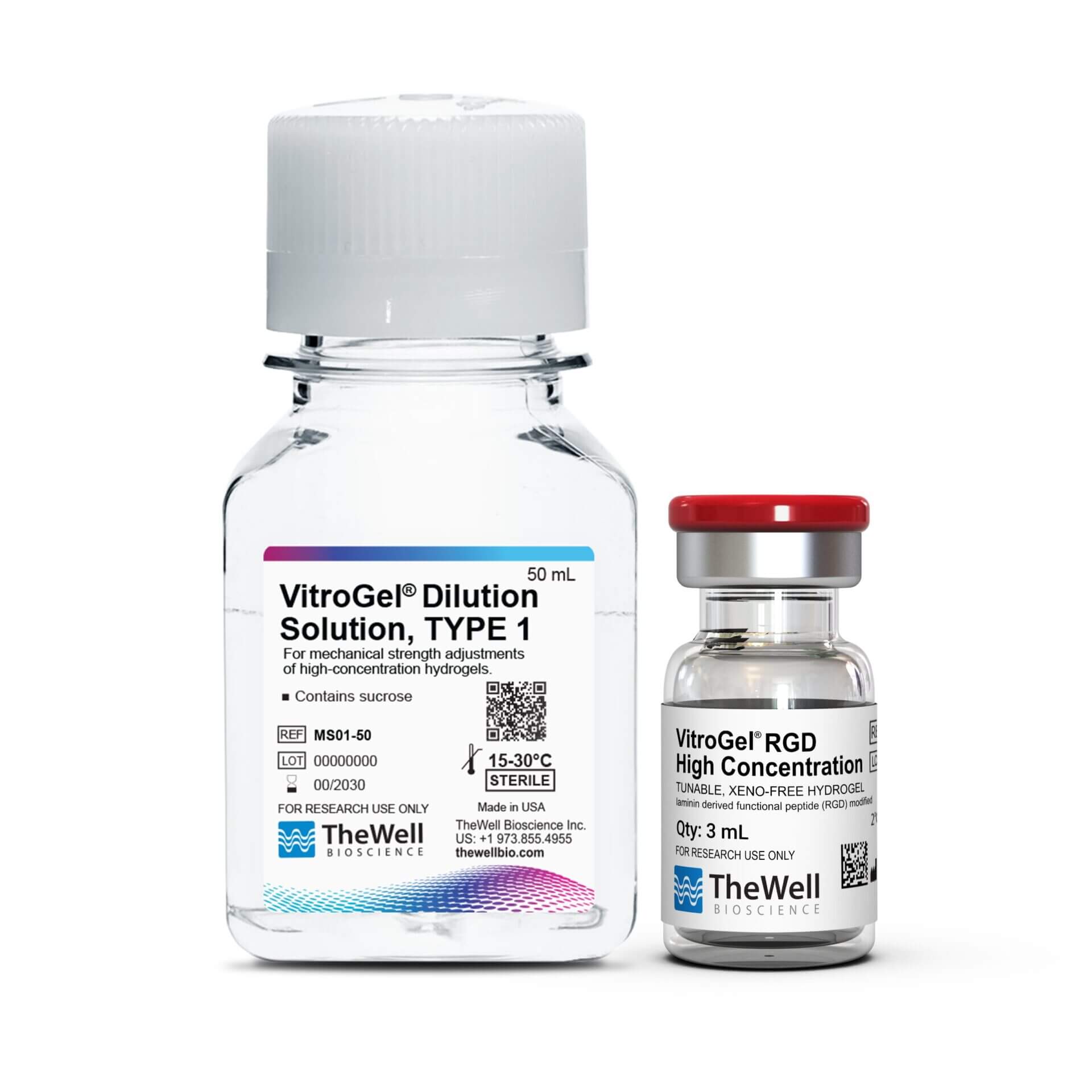 Two lab bottles on a white background: a large clear bottle labeled VitroGel Dilution Solution Type 1, and a smaller bottle labeled VitroGel RGD High Concentration with a red cap.
