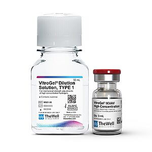 Two lab bottles containing VitroGel solutions: left is VitroGel Dilution Solution (50 mL) in a tall bottle, right is VitroGel IKVAV High Concentration (3 mL) in a smaller bottle with red cap
