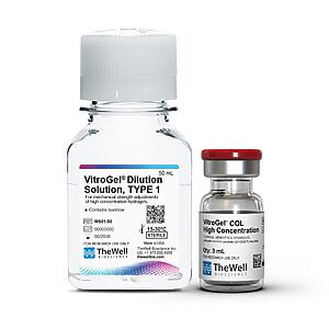 Two lab bottles, a large dilution solution bottle and a smaller VitroGel concentrate vial, shown against a white background for research use only.