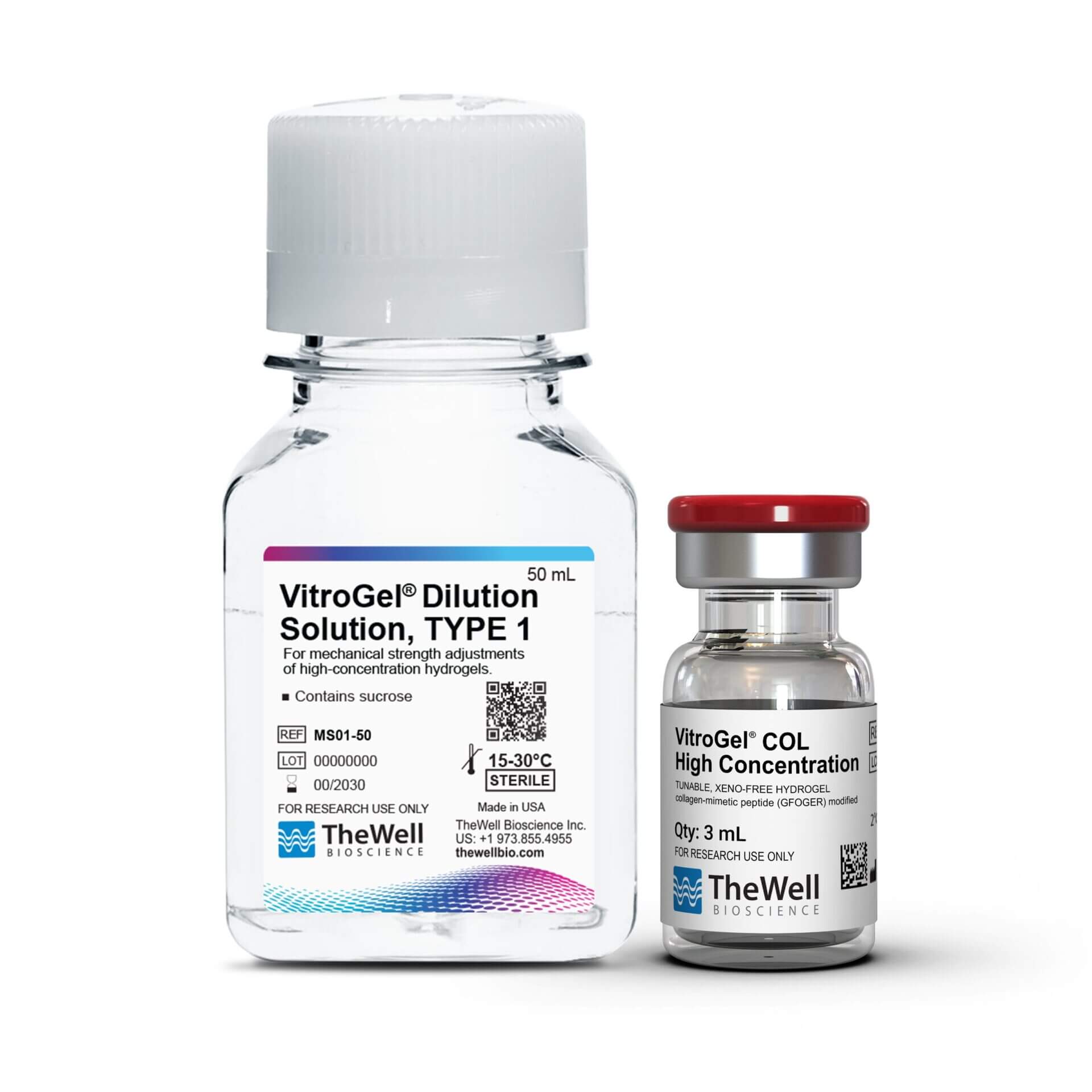 Two lab bottles, a large dilution solution bottle and a smaller VitroGel concentrate vial, shown against a white background for research use only.