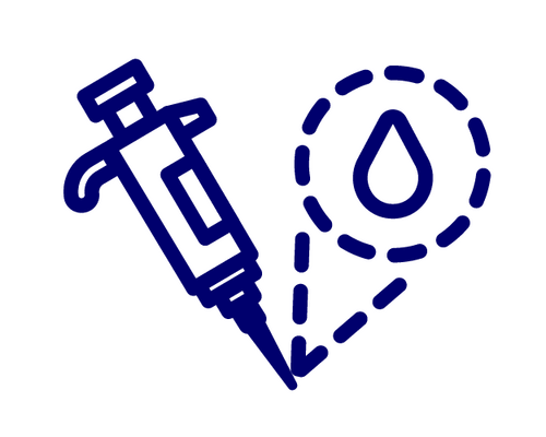 Blue syringe with a dotted-line location pin and a droplet, symbolizing vaccination or injection at a site.