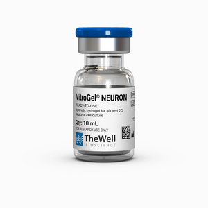 Glass vial labeled VitroGel NEURON with a blue cap, a ready-to-use hydrogel for neuronal cell culture
