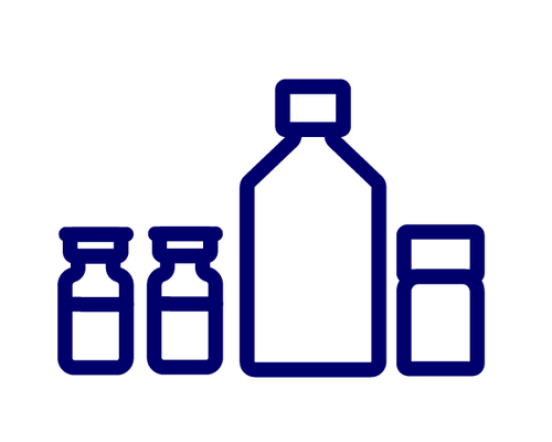 Outline icons of four bottles of varying sizes—two small, one medium, and one large—suggesting medicine or bottles on a shelf.