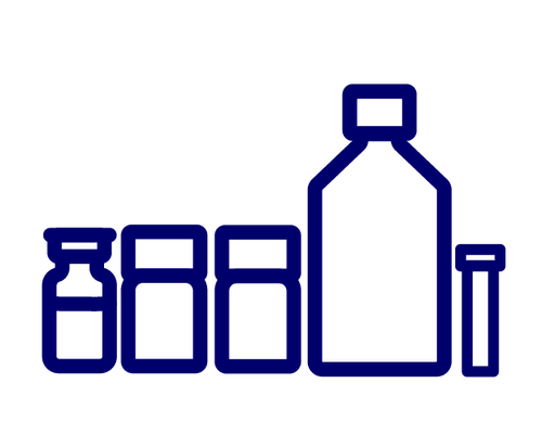 Blue line art of several bottle-shaped containers in a row, from small jars to a tall bottle, on a white background.