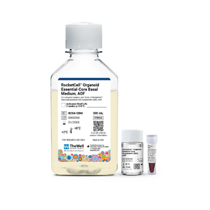 Large clear bottle labeled RocketCell Organoid Essential-Core Basal Medium with two smaller vials beside it on a white background.