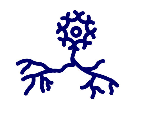 Abstract blue neuron with a central cell body and branched dendrites/axon.