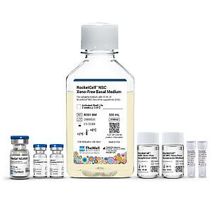 Large central bottle labeled 'RocketCell NSC Xeno-Free Basal Medium' surrounded by smaller vials and storage containers, in a lab setting.
