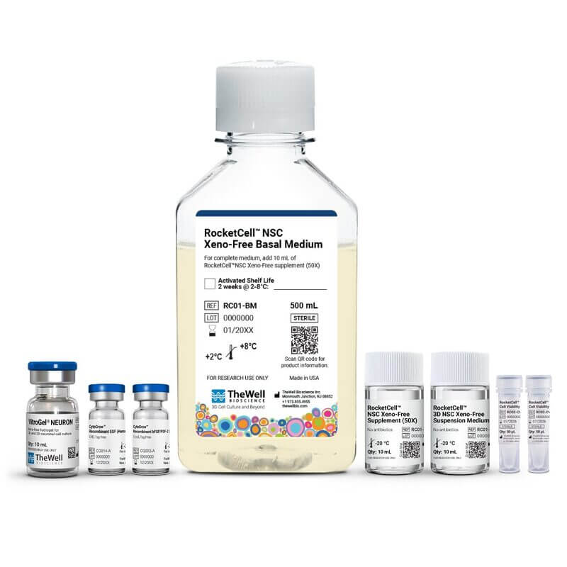 Large central bottle labeled 'RocketCell NSC Xeno-Free Basal Medium' surrounded by smaller vials and storage containers, in a lab setting.