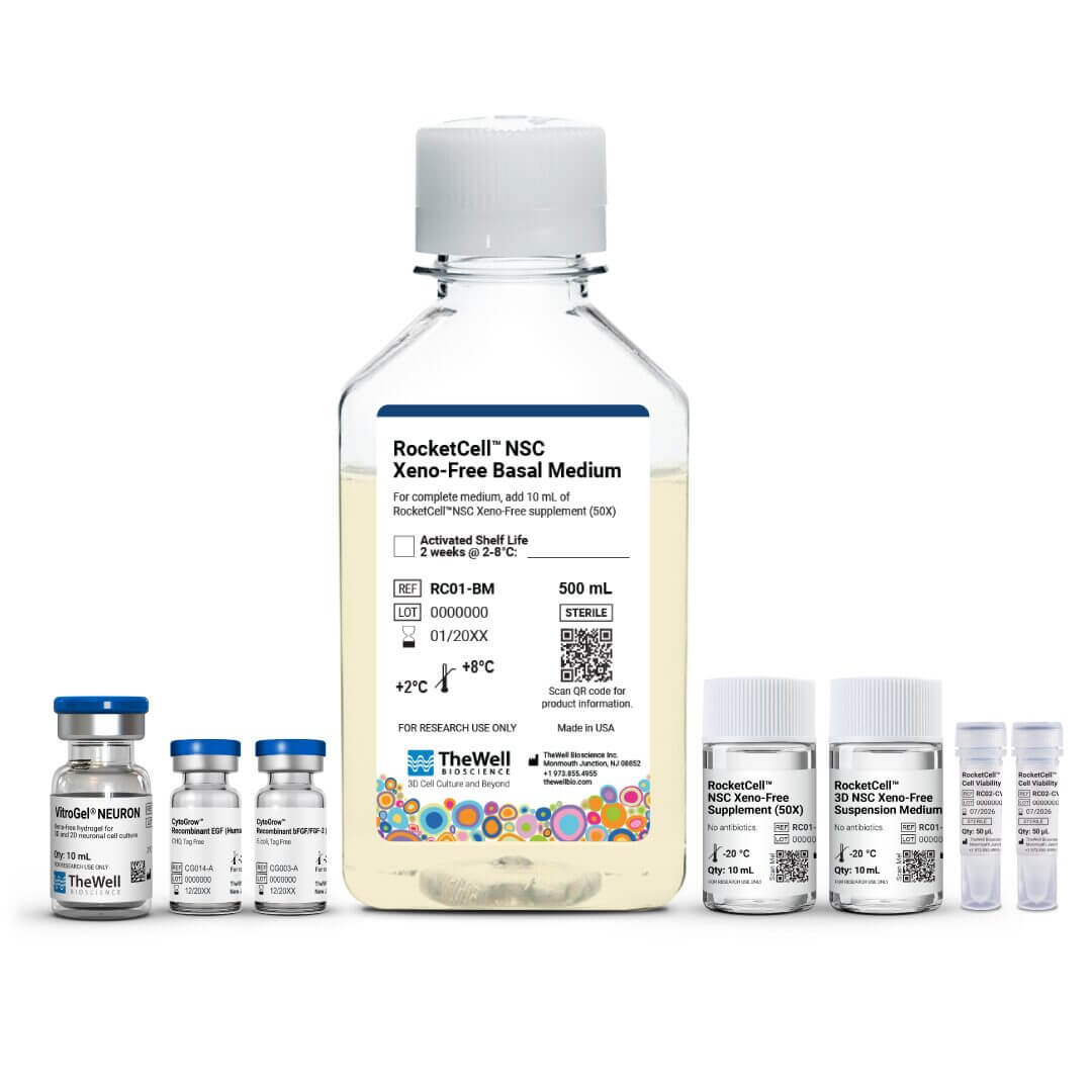 Large central bottle labeled 'RocketCell NSC Xeno-Free Basal Medium' surrounded by smaller vials and storage containers, in a lab setting.
