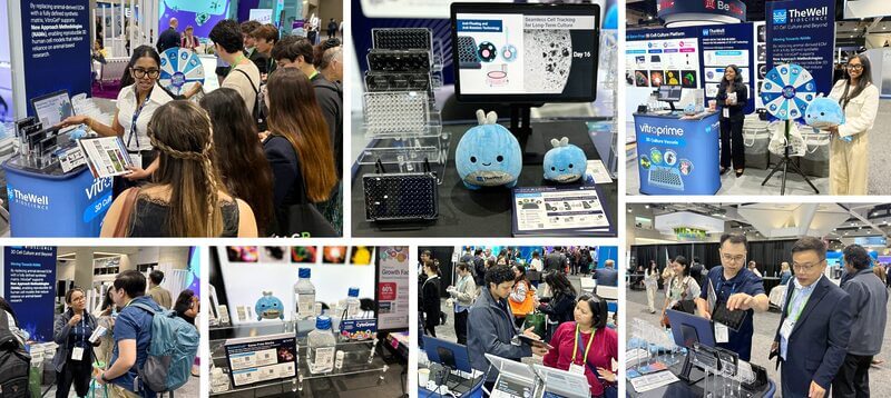 Collage of a biotech trade show: attendees explore booth demos, product displays, and posters at multiple Vulcan/Well Biotech booths with a prize wheel and plush mascots present.