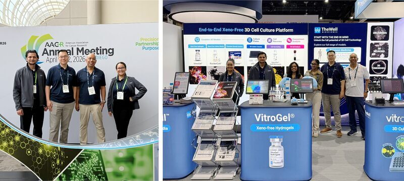 Five professionals pose in front of an 'Annual Meeting' banner on the left and a VitroGel biotech booth on the right, at a conference display collage.