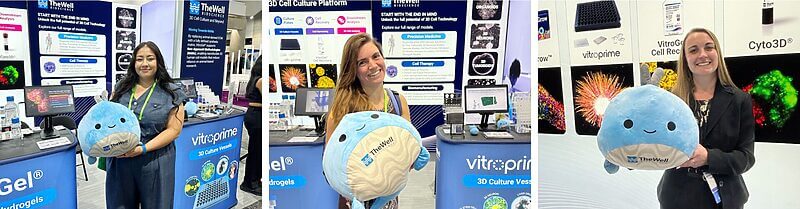 Three photos from a biotech expo: people posing with a blue plush mascot in front of TheWell/Bioscience booths advertising 3D cell culture products like Vitroprime vessels and organoid models.
