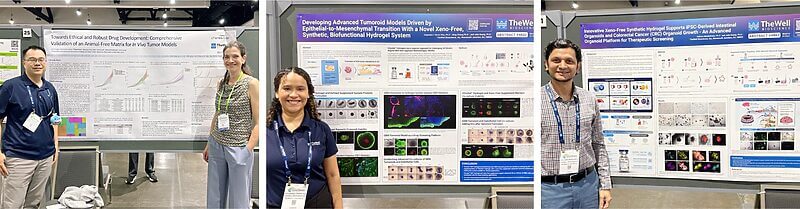 Three researchers stand beside large biomedical poster boards at a conference, presenting study summaries on tumor models and drug development.