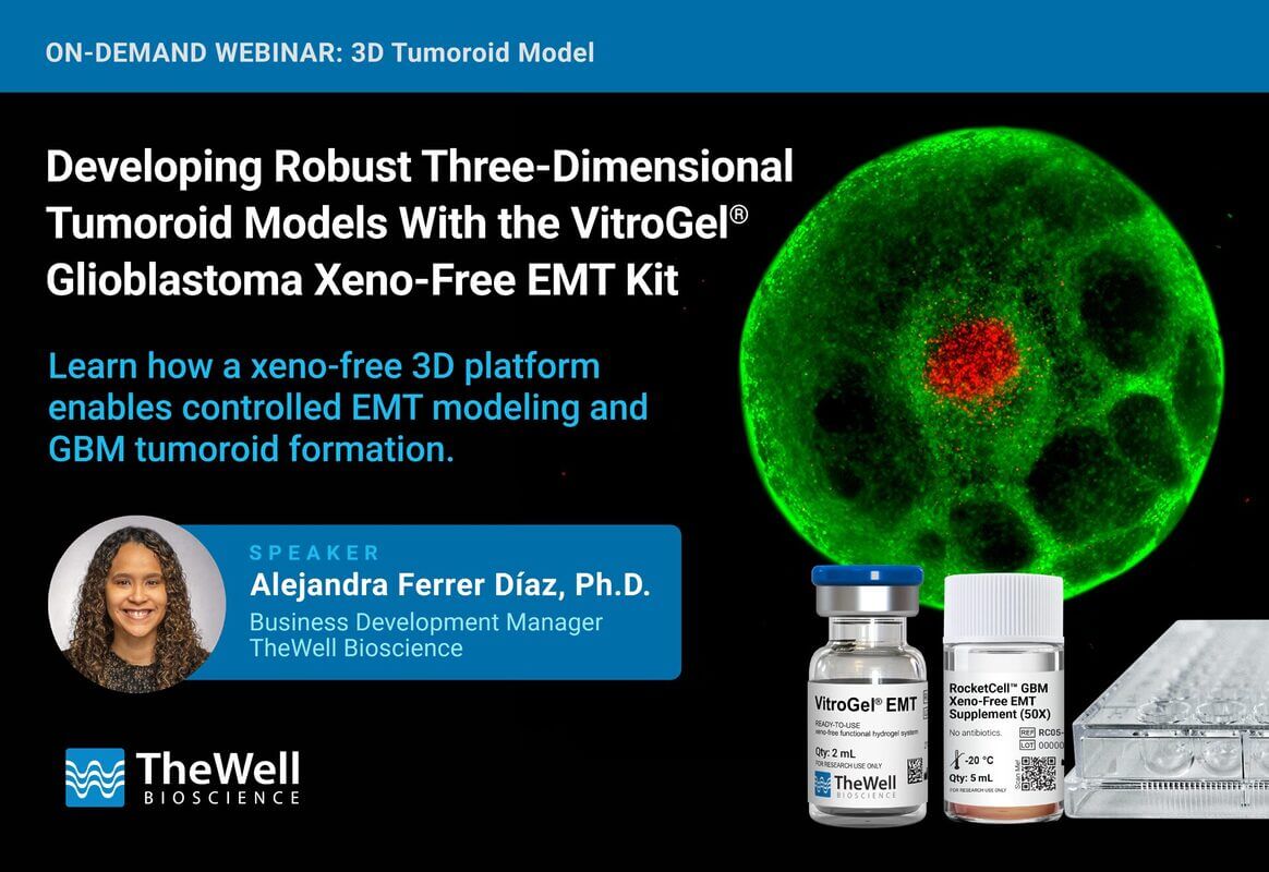 On-demand webinar banner about 3D tumor models with a large white title on the left and a green cell image on the right.