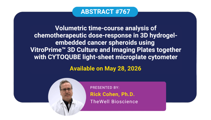Abstract banner announcing a talk on volumetric time-course analysis of chemo dose-response in 3D culture; shows a presenter badge and date 'Available on May 28, 2026' in yellow.