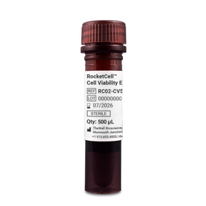 Sterile burgundy vial with screw cap and a white label reading 'RocketCell Cell Viability'—shows REF, LOT, date, and 500 µL quantity used in cell viability assays.