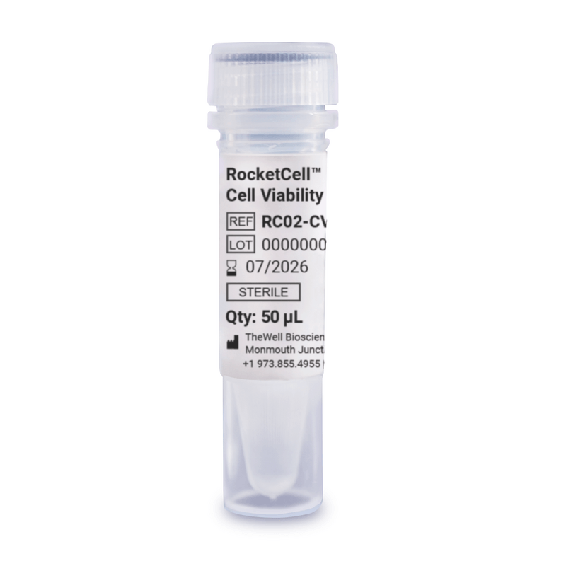 Vial labeled RocketCell Cell Viability, sterile, 50 µL, lot and expiry details visible