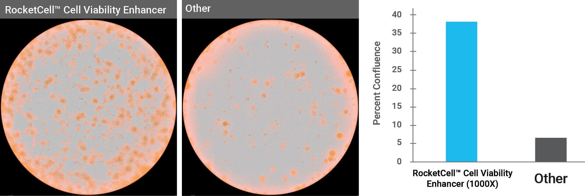 Two petri dishes: left labeled 'RocketCell Cell Viability Enhancer' with many orange spots; right labeled 'Other' with fewer spots. A bar chart shows RocketCell ~37% confluence vs Other ~5%.