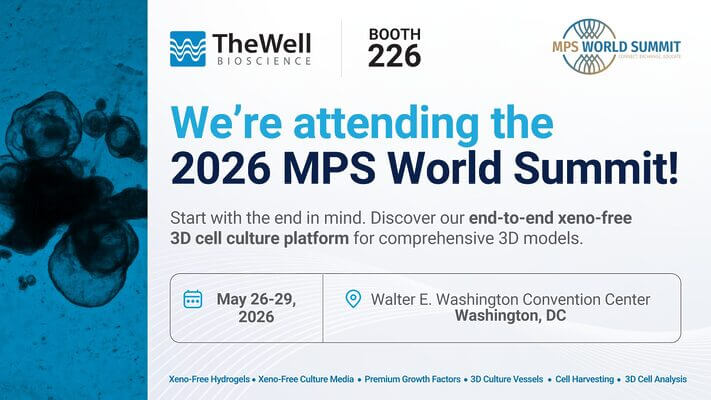 Banner announcing 'We’re attending the 2026 MPS World Summit!' with The Well Bioscience logo and Booth 226 nearby.