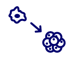 Blue gear icon with an arrow pointing to a cluster of connected circles, illustrating a process or workflow to a molecular structure.