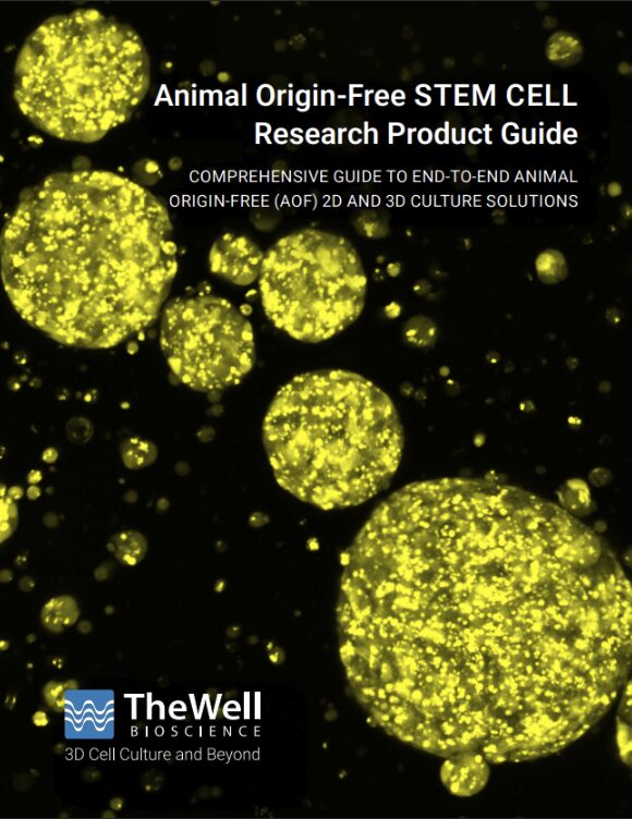 Cover of the Animal Origin‑Free STEM CELL Research Product Guide with The Well Bioscience logo on a yellow cell image background.