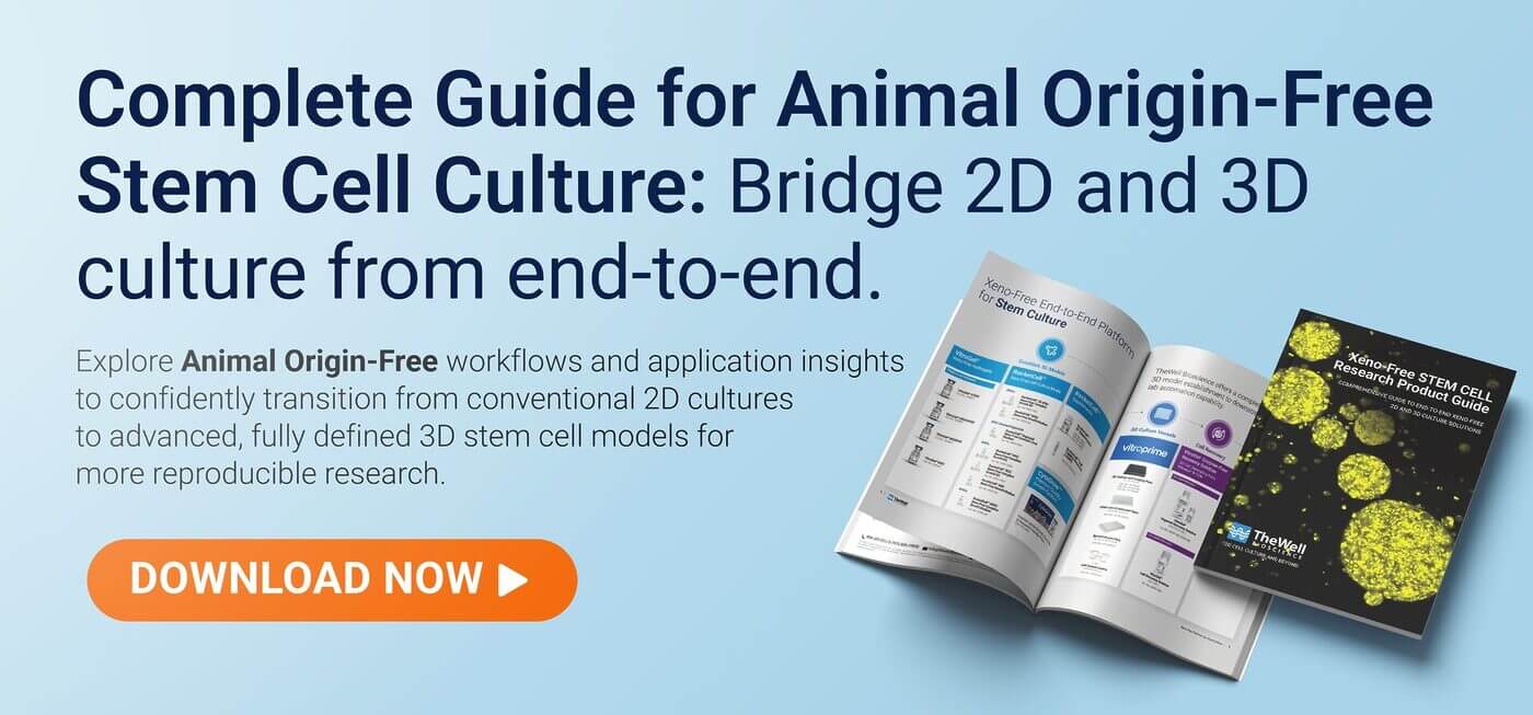 Blue gradient promotional banner with a bold headline about an animal-origin-free stem cell culture guide; open magazines on the right and an orange Download Now button.