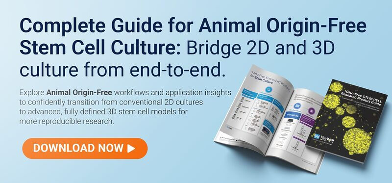 Blue gradient promotional banner with a bold headline about an animal-origin-free stem cell culture guide; open magazines on the right and an orange Download Now button.