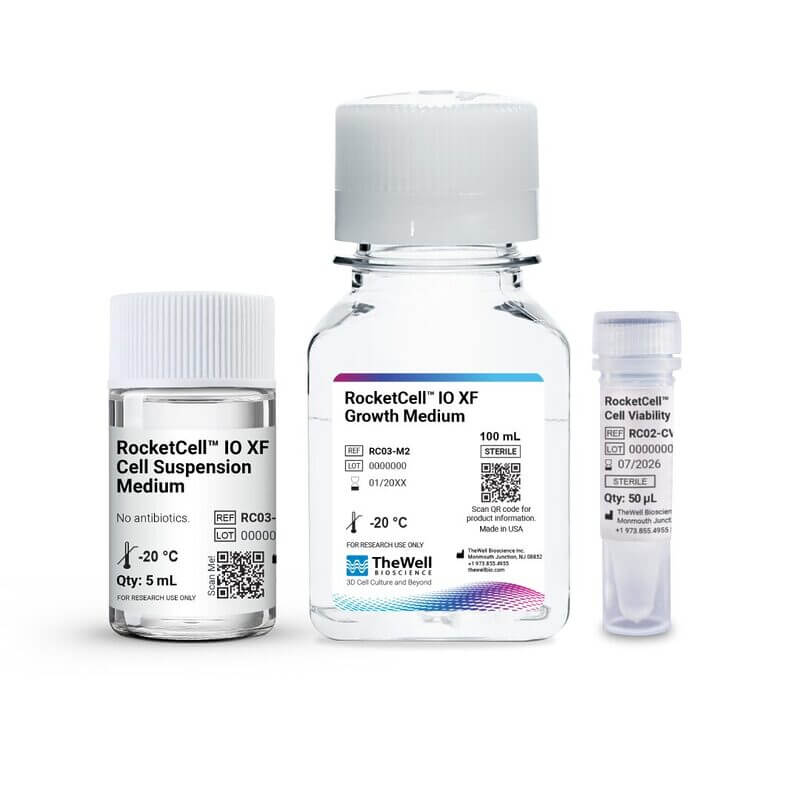 Set of three laboratory medium bottles labeled RocketCell for cell culture research, with a large central bottle 'RocketCell IO XF Growth Medium' and two smaller surrounding vials/ampoules.