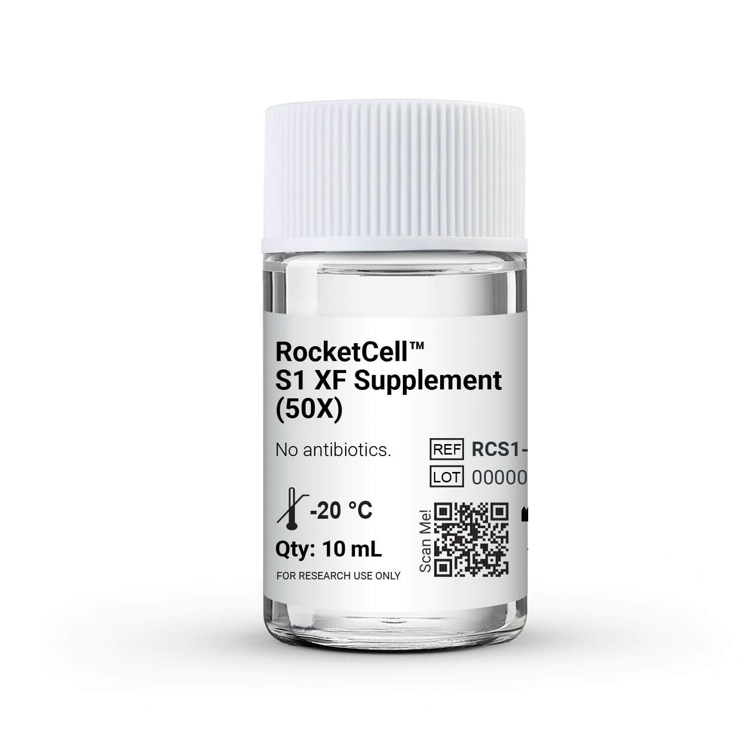 Bottle of RocketCell S1 XF Supplement (50X) with white cap; label shows No antibiotics, -20°C, Qty 10 mL, for research use only.