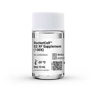 Bottle label reads 'RocketCell S2 XF Supplement (100X)'; indicates 'No antibiotics', storage '-20 °C', Qty 5 mL; for research use only; includes QR code.