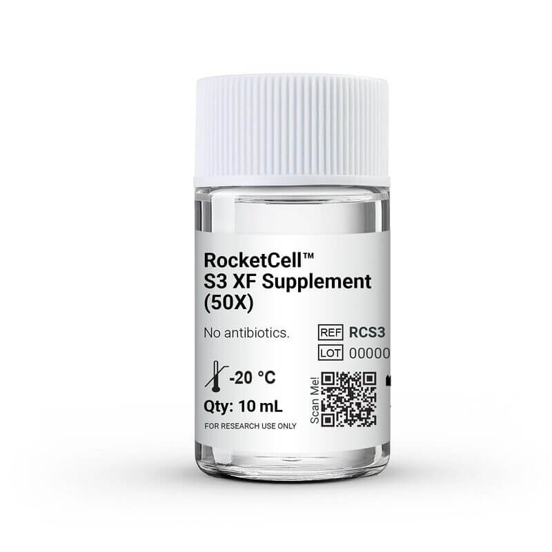 Bottle label reads: 'RocketCell S3 XF Supplement (50X)', for research use only, -20°C, qty 10 mL, QR code present