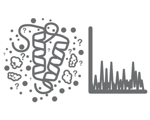 Abstract illustration of a coiled intestine surrounded by question marks and clouds, next to a dense bar chart, signaling questions about gut microbiome data