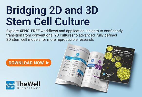 Promotional banner: 'Bridging 2D and 3D Stem Cell Culture' with an orange DOWNLOAD NOW button and open catalogs beside TheWell Bioscience logo.