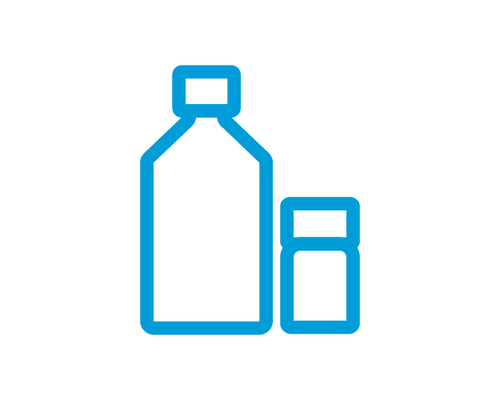 Two blue outlined bottles, a larger bottle on the left and a smaller bottle on the right, shown side by side.