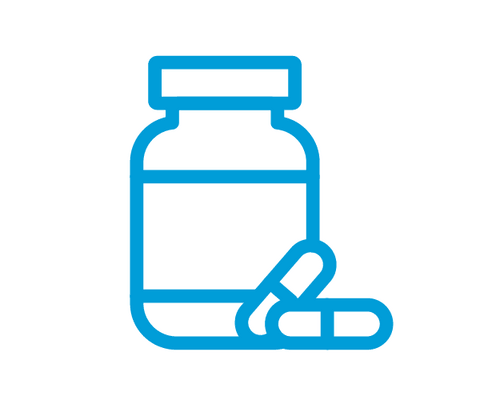 Blue outline icon showing a medicine bottle with two capsules beside it, representing medication or pharmaceuticals.