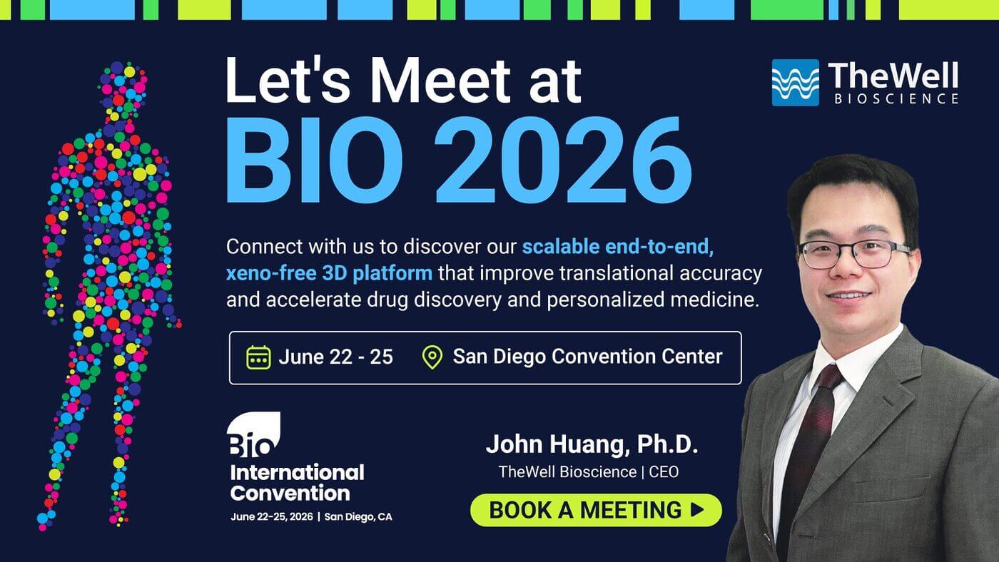 Large banner advertising BIO 2026 conference: dotted multicolor human silhouette left, bold 'Let’s Meet at BIO 2026' headline, and a photo of a smiling man in a suit on the right.