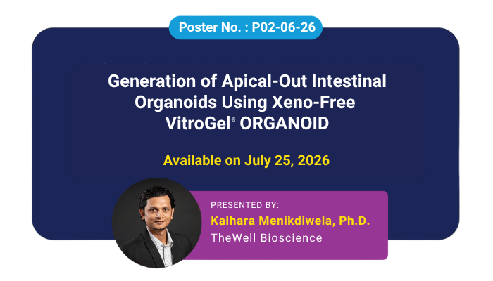 Poster for a talk on apical-out intestinal organoids using VitroGel ORGANOID, July 25, 2026, by Kalhara Menikdiwela, Ph.D., TheWell Bioscience.