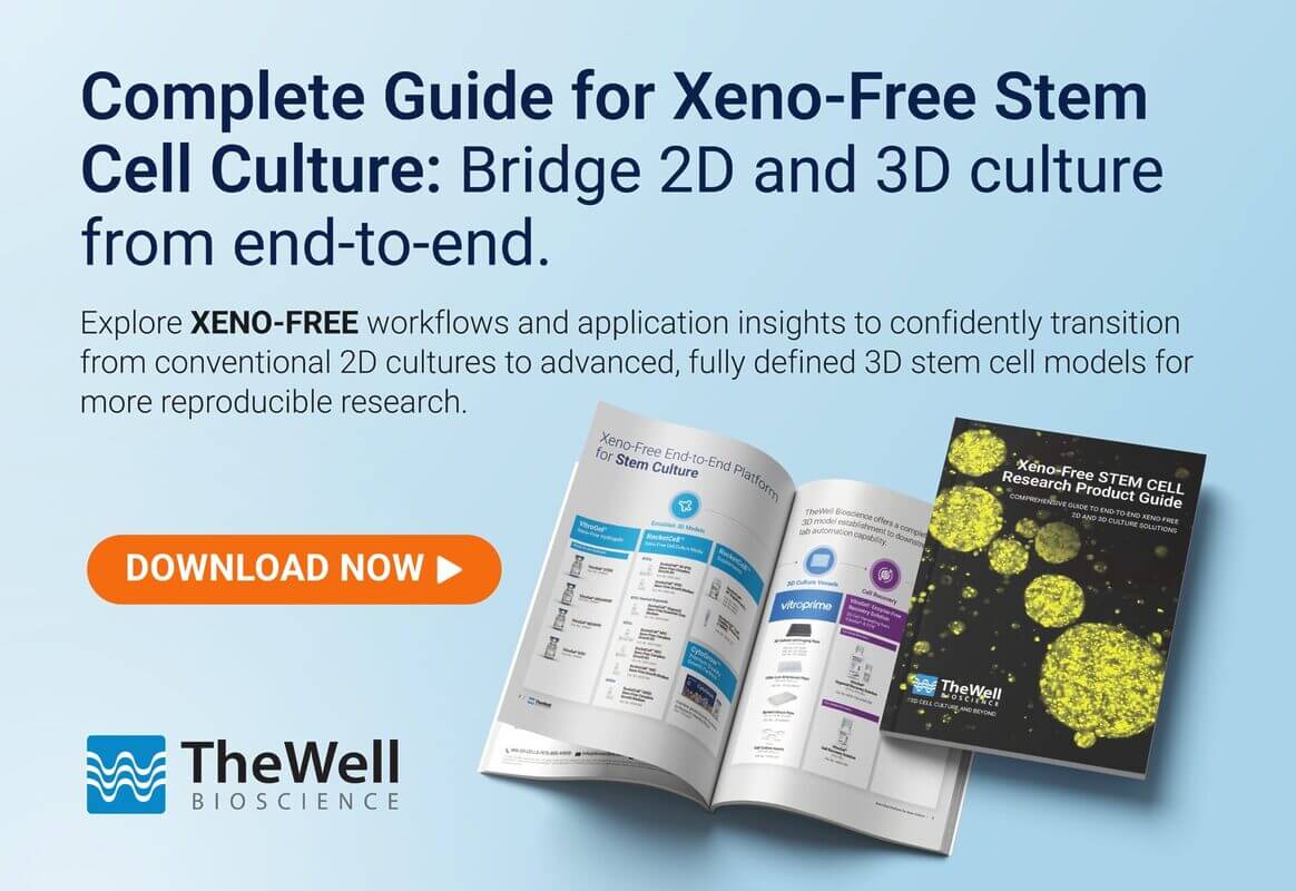 Promotional banner for a Xeno-Free Stem Cell Culture guide with a prominent DOWNLOAD NOW CTA and open booklet graphics on a blue gradient background, The Well Bioscience