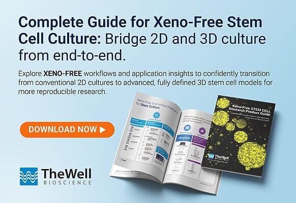 Promotional banner for a Xeno-Free Stem Cell Culture guide with a prominent DOWNLOAD NOW CTA and open booklet graphics on a blue gradient background, The Well Bioscience