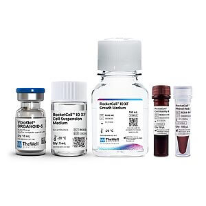 RocketCell IO XF Growth Medium bottle in the center with surrounding lab media vials on a white background (lab reagents)