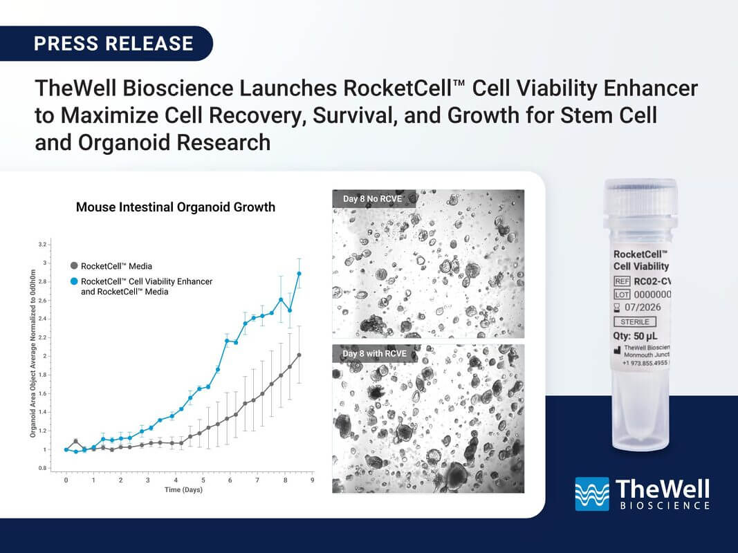 Press release banner announcing TheWell Bioscience's RocketCell cell viability enhancer for stem cell research, with a vial on the right.
