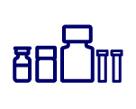Icon set of five blue outline containers: a bottle, two rectangular bottles, a tall bottle, and a jar
