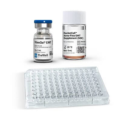 Two small glass vials labeled VitroGel EMT and RocketCell Xeno-Free EMT stand beside a clear 96-well plate used for cell culture research.